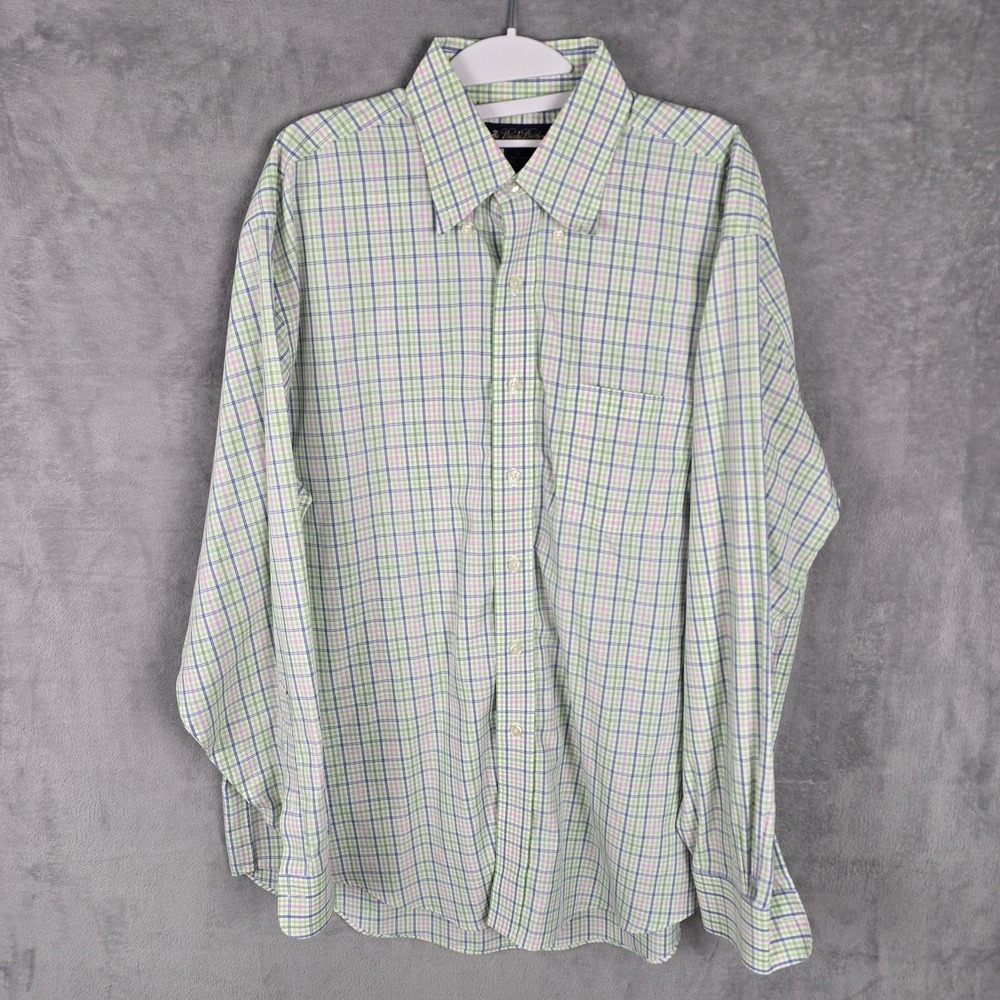 Brooks Brothers Mens Large Non-Iron Cotton Plaid Button Down Shirt Green Blue L